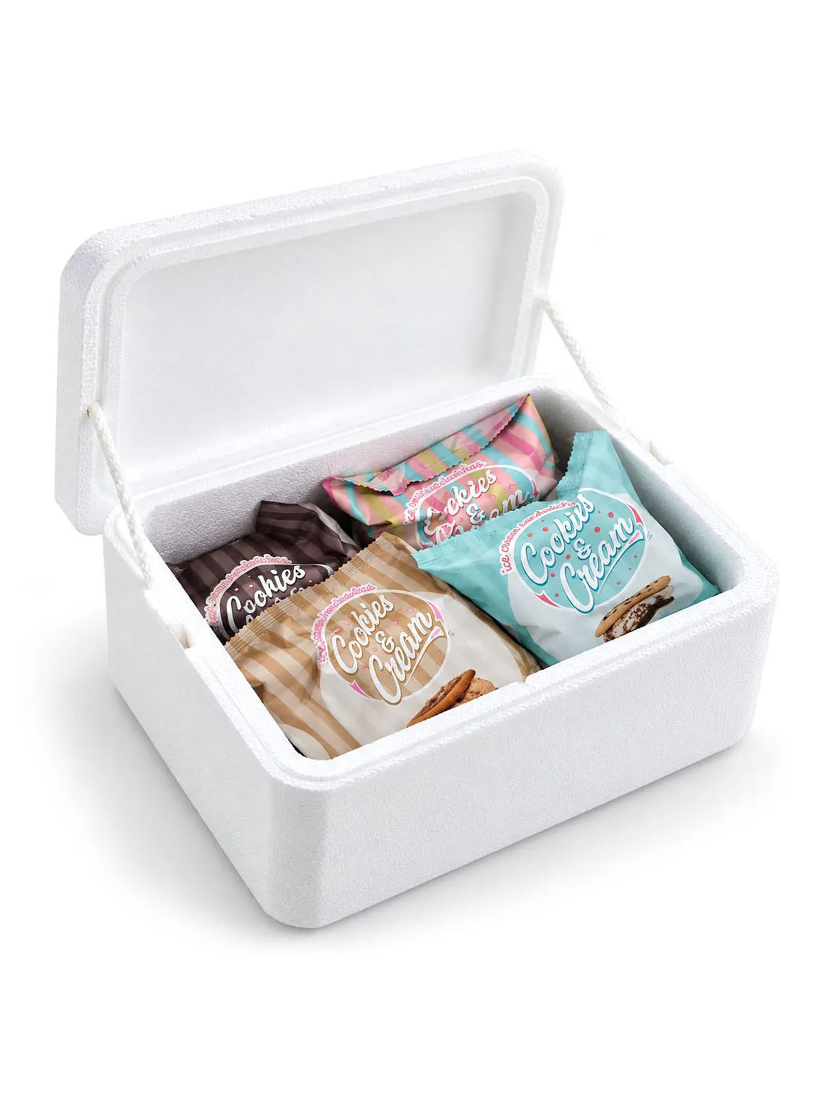 Foam box filled with Cookies and Cream Ice-cream sandwiches