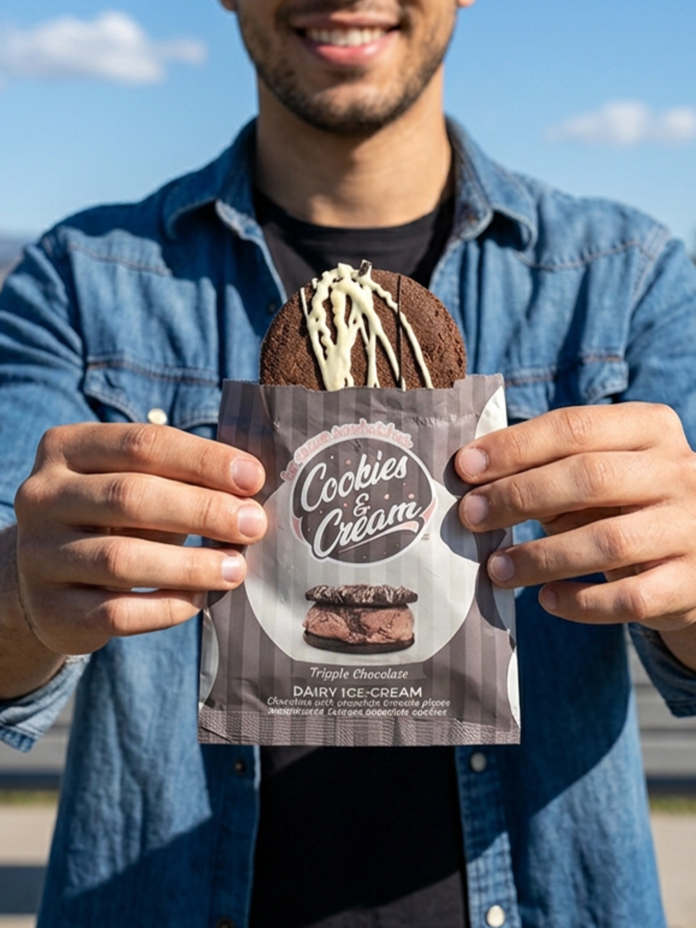 A guy holding Triple Choc Ice Cream Sandwich A guy holding Triple Choc Ice Cream Sandwich