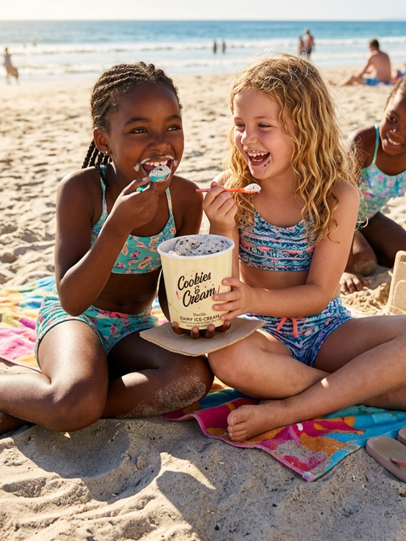 Two young girls sharing Vanilla Ice-cream Tub at beach