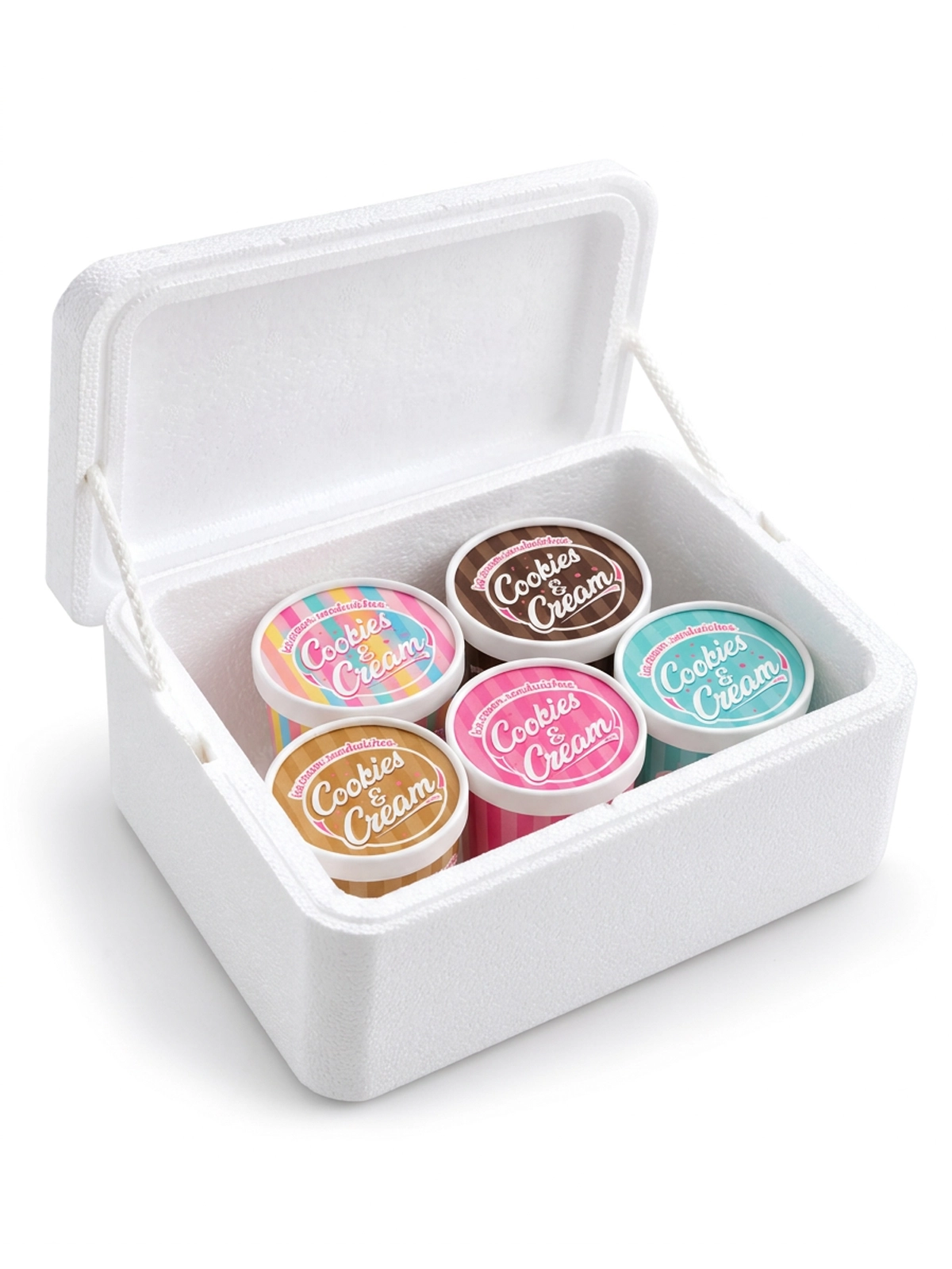 Foam box filled with 5 Cookies and Cream Ice-cream tubs